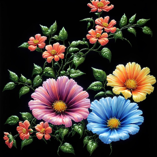 Uma pintura de flores em um fundo preto