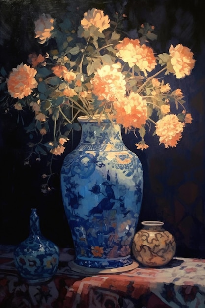 Uma pintura de flores em um vaso azul com fundo azul.