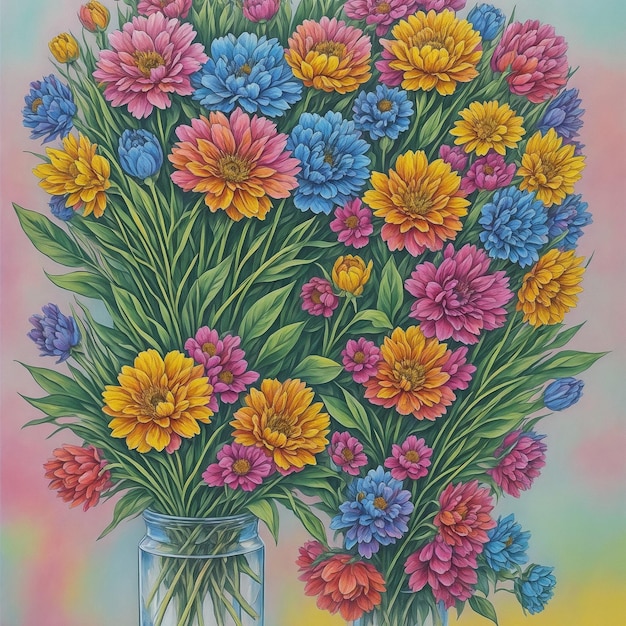 uma pintura de flores em um vaso claro com as palavras "flores"
