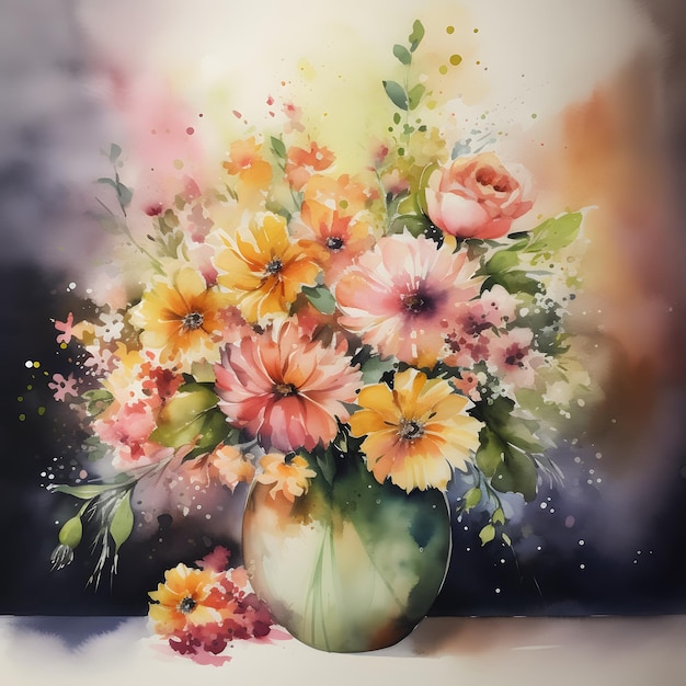 Uma pintura de flores em um vaso com fundo preto.