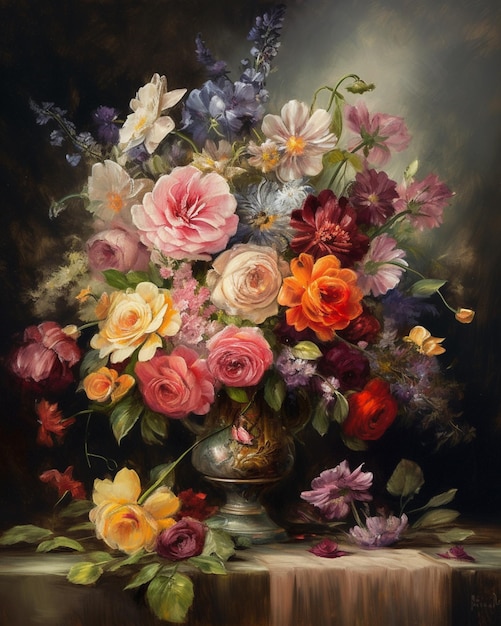 Uma pintura de flores em um vaso com uma luz brilhando sobre ele.