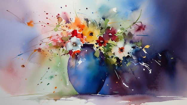 Uma pintura de flores em vasos azuis com um spray de tinta.