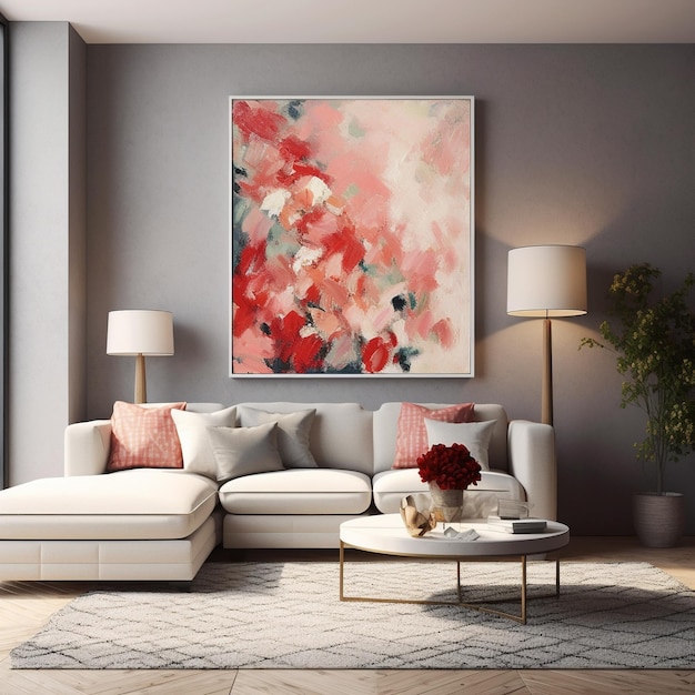Uma pintura de flores está pendurada acima de um sofá em uma sala de estar.