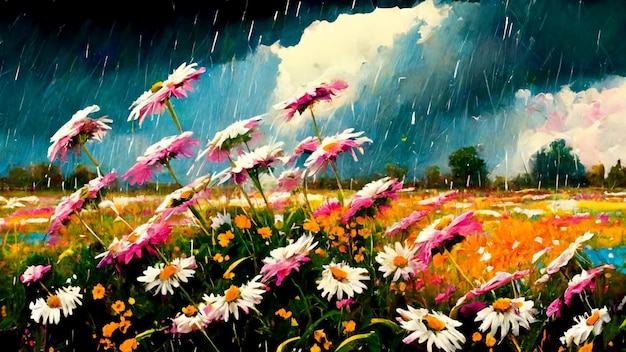 Uma pintura de flores na chuva com a chuva caindo sobre elas.