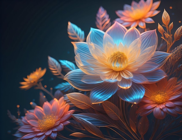 Uma pintura de flores que é azul e laranja