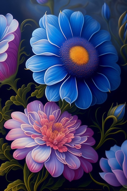 Uma pintura de flores que é azul e rosa