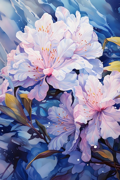 uma pintura de flores rosa em um fundo azul Pintura em aquarela Rododendro índigo Perfeito para