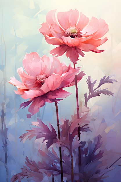 uma pintura de flores rosa em um fundo azul Pintura em aquarela Rosa Anêmona perfeita para parede