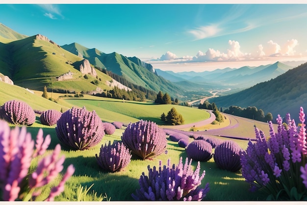 Uma pintura de flores roxas em um campo com montanhas ao fundo.
