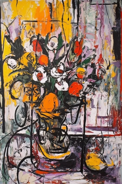 Uma pintura de flores sobre uma mesa com uma bicicleta.