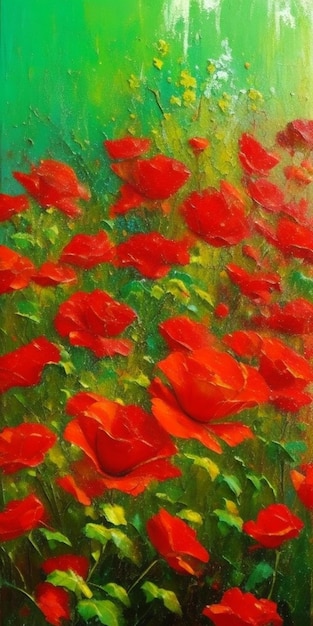 Uma pintura de flores vermelhas em um campo de folhas verdes