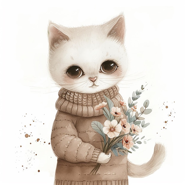 uma pintura de gatinho bonito em uma camisola segurando flores no estilo de ilustrações chiques dia da mulher