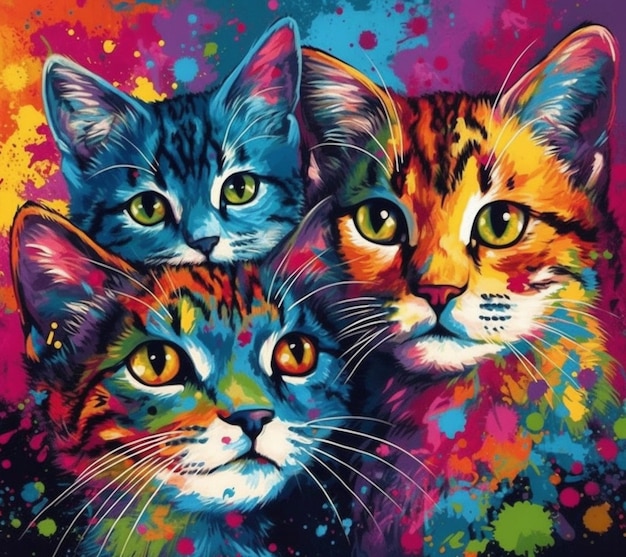 Uma pintura de gatos com respingos de tinta colorida na frente.