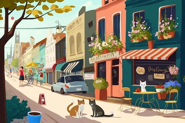 Uma pintura de gatos sentados em frente a um café chamado m. articulações.