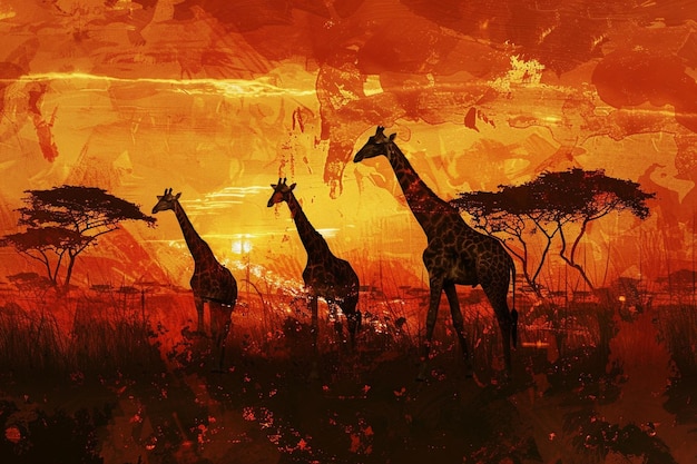 uma pintura de girafas em um campo com um céu vermelho no fundo