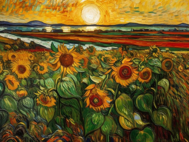 Uma pintura de girassóis é mostrada com o sol se pondo atrás dela.