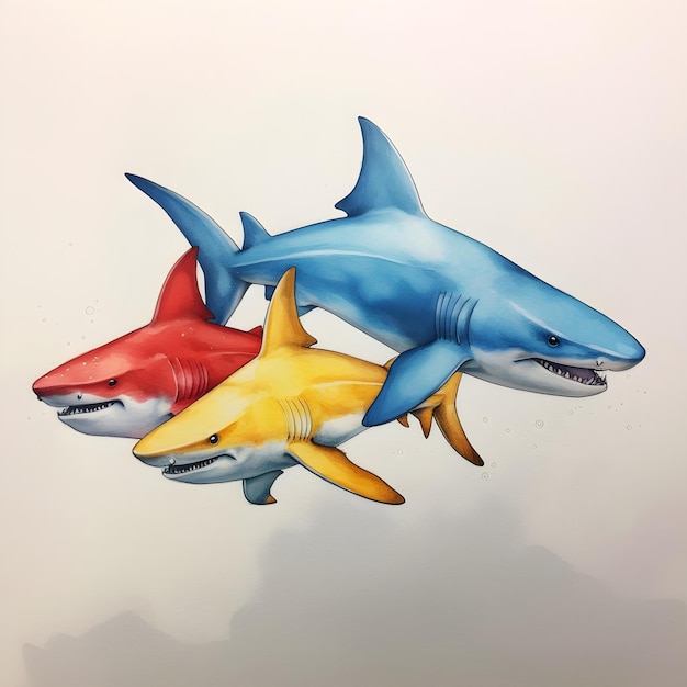 Uma pintura de golfinhos com tubarão e tubarão nele