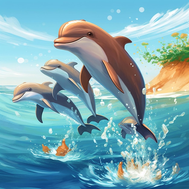 uma pintura de golfinhos e um peixe com uma foto de um golfinho e uma praia.
