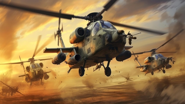 Uma pintura de helicópteros voando sobre um deserto.
