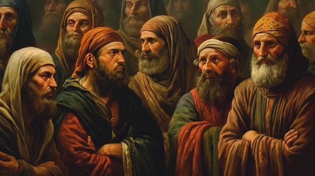 Uma pintura de homens com barbas e um chapéu vermelho
