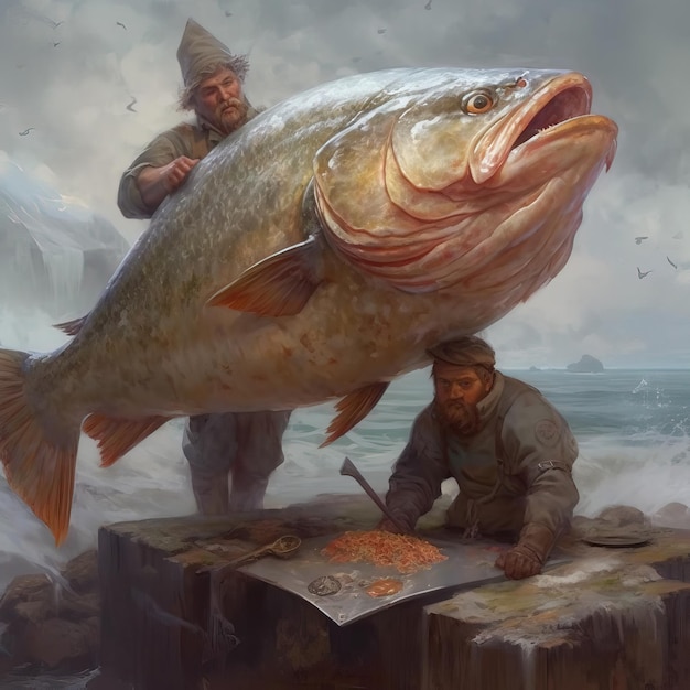 Uma pintura de homens com um peixe