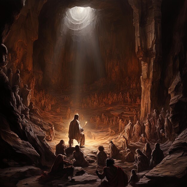 uma pintura de Jesus em uma caverna com a lua acima