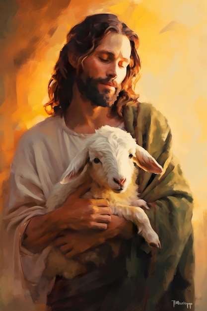 Foto uma pintura de jesus segurando um cordeiro em seus braços imagem generativa de ia