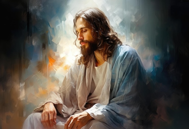 Uma pintura de Jesus sentado em um banco Imagem digital