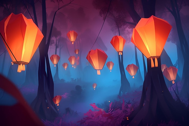 Uma pintura de lanternas em uma floresta com as palavras fogo no meio.