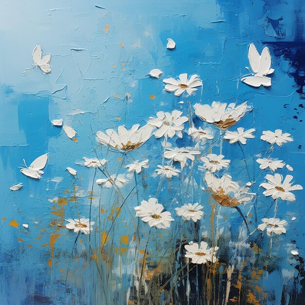 uma pintura de margaridas e borboletas em um céu azul