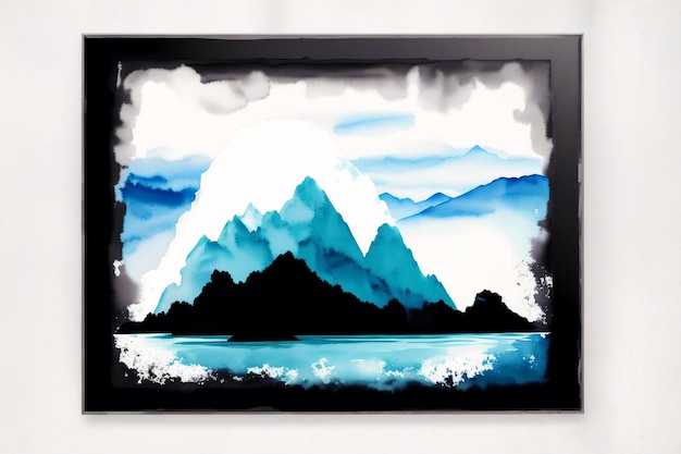 Uma pintura de montanhas com uma moldura preta que diz "montanha".