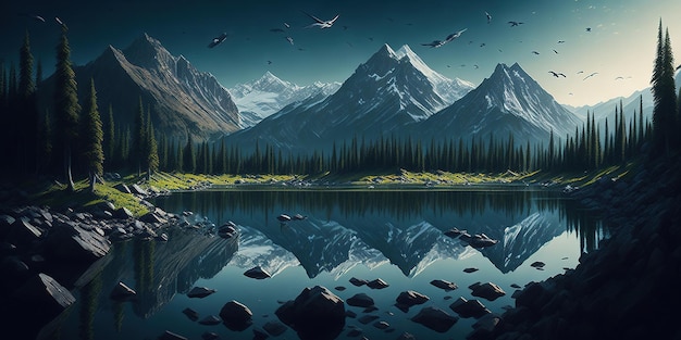 Foto uma pintura de montanhas e um lago com um céu azul com as palavras 