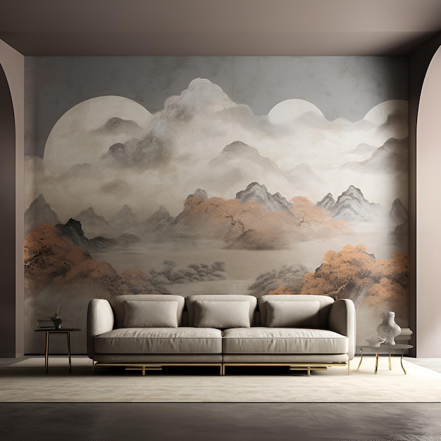 uma pintura de montanhas e um sofá numa sala com uma cena de montanha na parede.