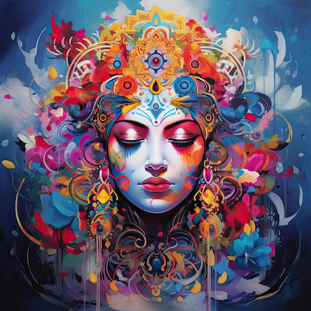 Uma pintura de mulher com cocar colorido e flores na cabeça olhos fechados