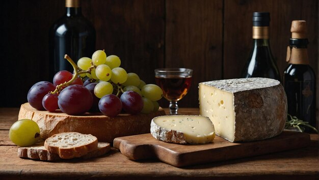 Uma pintura de natureza morta de vários queijos, uvas e pão em uma mesa de madeira
