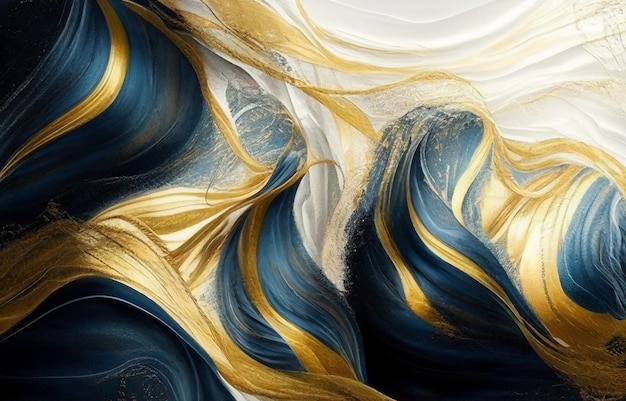 Uma pintura de ondas azuis e douradas com a palavra "ouro" na parte inferior.