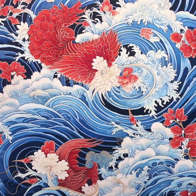 Uma pintura de ondas e o oceano com as flores vermelhas.