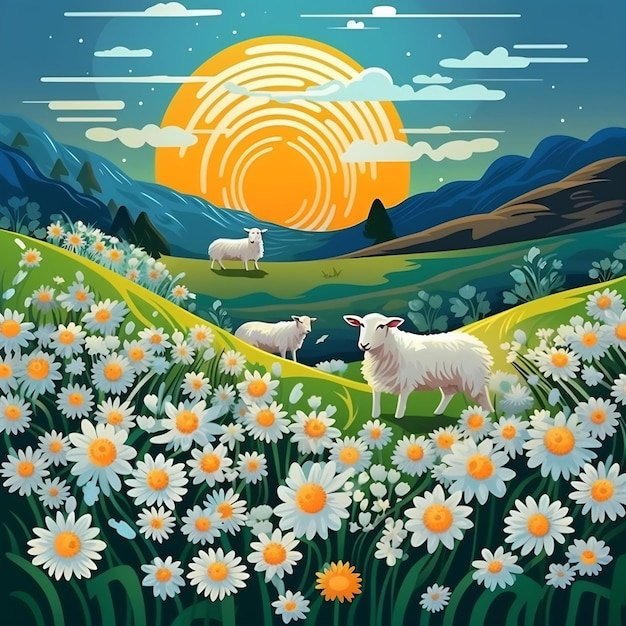 uma pintura de ovelhas e um campo de flores com montanhas ao fundo