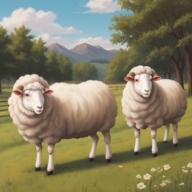 uma pintura de ovelhas num campo com montanhas ao fundo.
