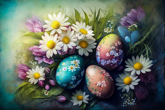 Uma pintura de ovos de páscoa com flores no fundo