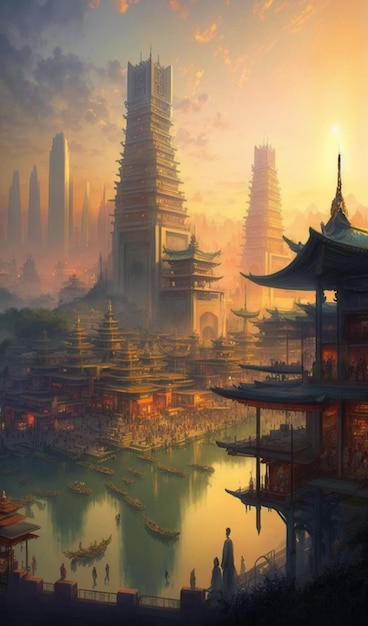 Uma pintura de pagodes chineses em uma paisagem.