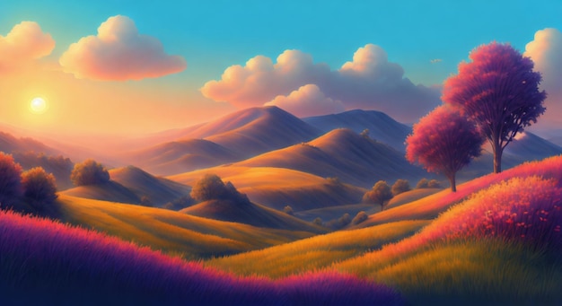 Uma pintura de paisagem colorida com uma árvore no horizonte