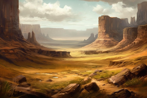 Uma pintura de paisagem de uma cena de deserto com uma cena de deserto.