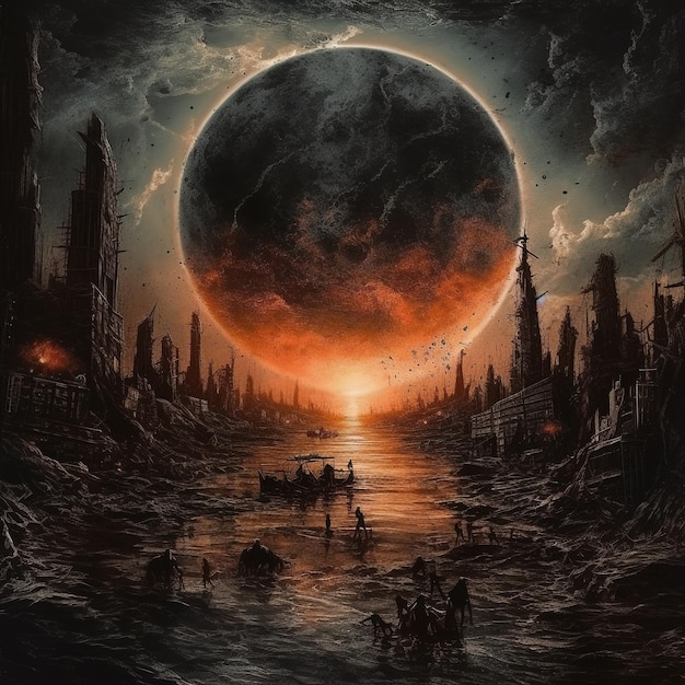 Uma pintura de paisagem escura com lua escura ao fundo