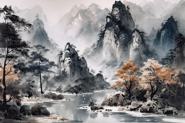 Uma pintura de paisagem no estilo tradicional chinês com lavagens de tinta retratando montanhas e um rio A pintura captura a essência do gênero evocando uma sensação de tranquilidade Generative AI