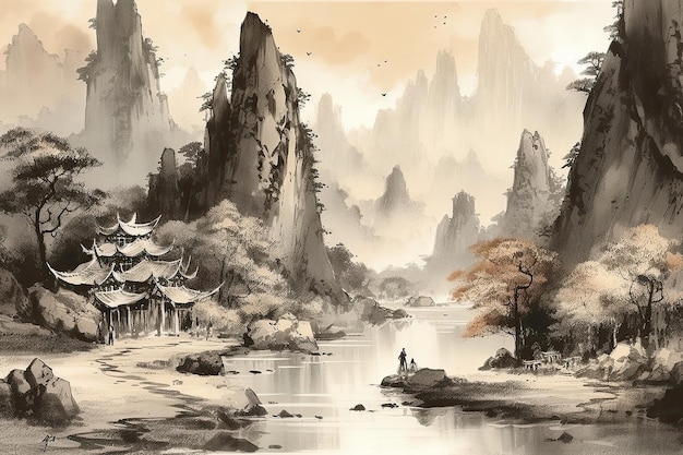 Uma pintura de paisagem no estilo tradicional chinês com lavagens de tinta retratando montanhas e um rio A pintura captura a essência do gênero evocando uma sensação de tranquilidade Generative AI