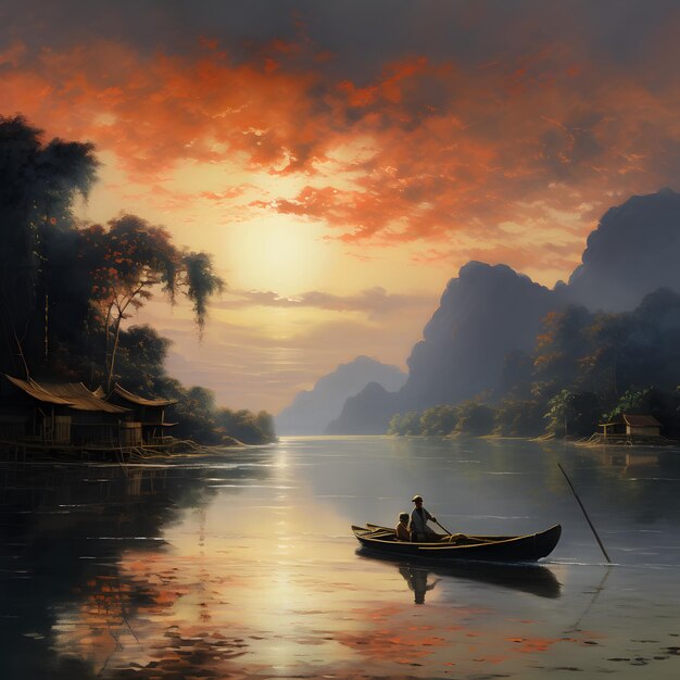 Uma pintura de paisagem tranquila com um barco, o sol nascendo no leste e nuvens