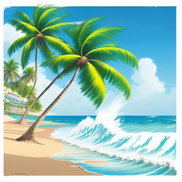 Uma pintura de palmeiras em uma praia com um céu azul e o oceano ao fundo