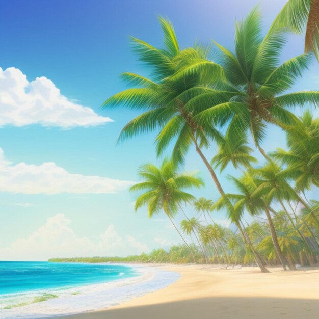 Foto uma pintura de palmeiras em uma praia com uma imagem de uma cena de praia