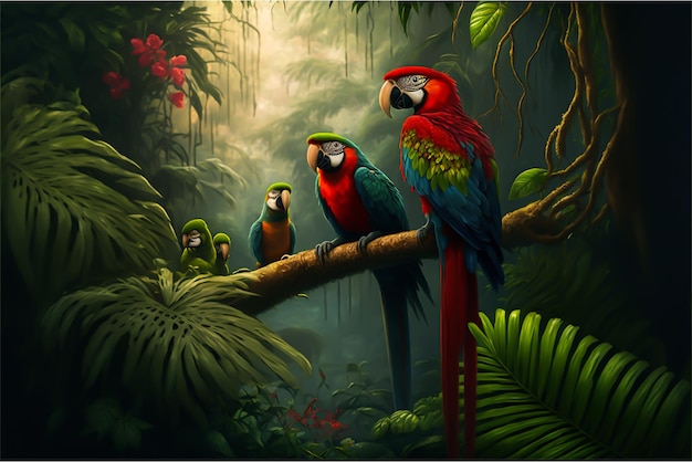 Uma pintura de papagaios na selva